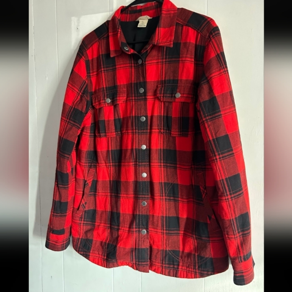 NWOT Duluth Trading Co Red and Black Buffalo Plaid Flapjack Lined Jacket L - Picture 2 of 6